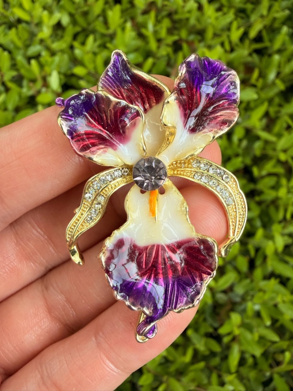 Gold-Tone Purple & White Enamel Orchid Brooch with Crystal Accent